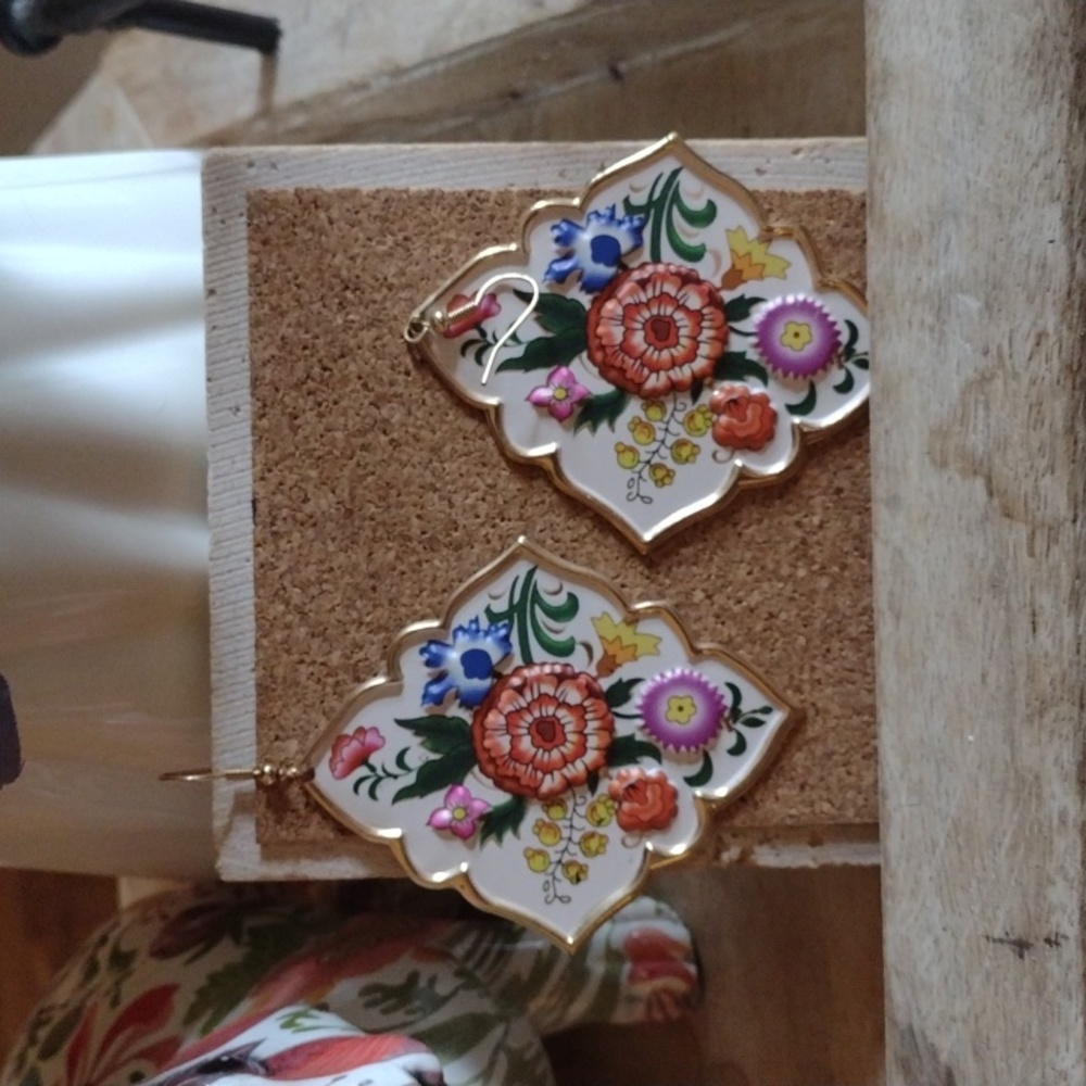 Beautiful Gold with Colorful Flowers Earrings